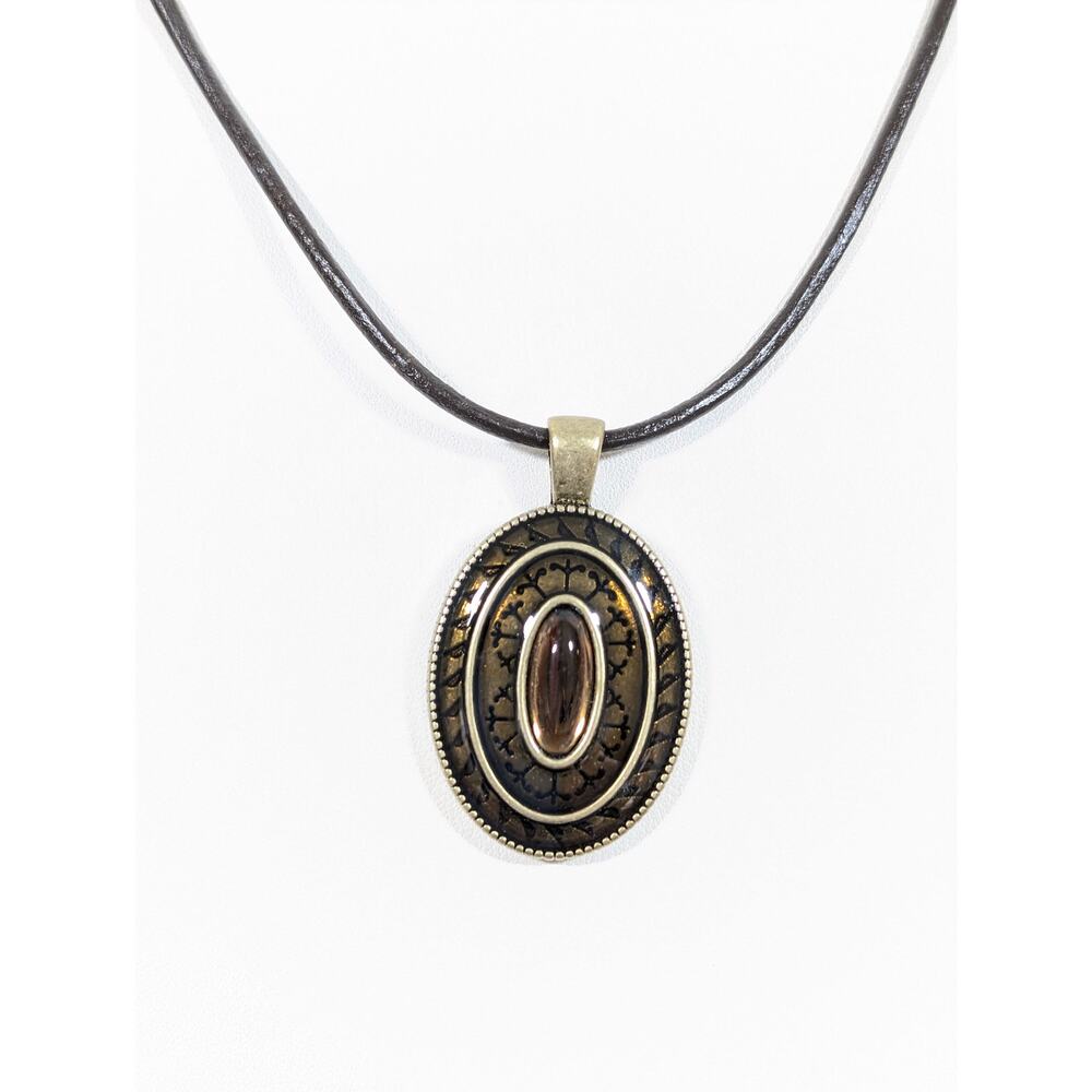 Lia Sophia Brown Enamel Oval Pendant‎ Cord Necklace Boho Western 20"